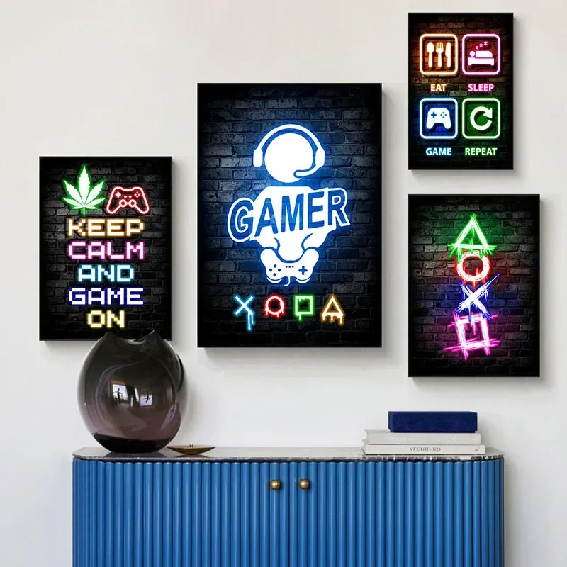 Gaming Neon Eat Sleep Game Repeat Wall Arts Posters Canvas Painting for Room Office School Decoration Stuff Home Decor