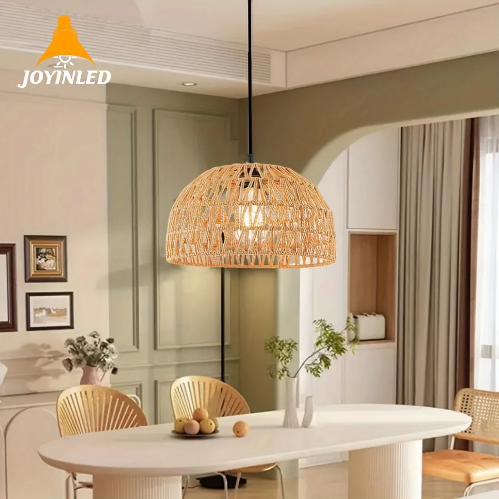 

Traditional Bohemian E27 Hanging Fixture Hand-Woven Rattan Pendant Lamps Metal Semi-Flush Mount Chandelier for Kitchen Bedroom