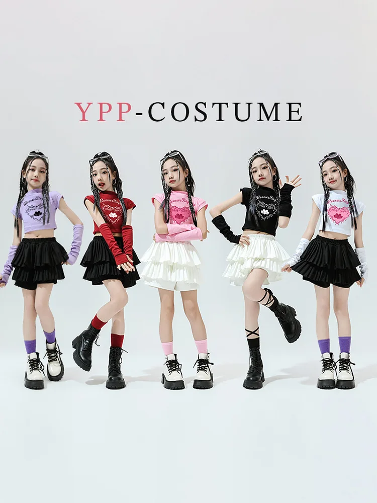 Kid Cute Hip Hop Clothing Pink Print Crop T Shirt Sleeves White Layered Pleated Mini Skirt for Girls Jazz Dance Costume Clothes