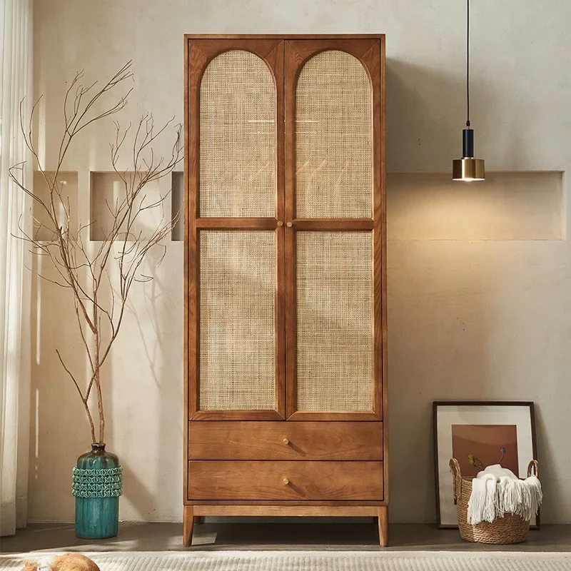 

Nordic solid wood rattan wardrobe Japanese retro small apartment bedroom home locker modern simple storage wardrobe