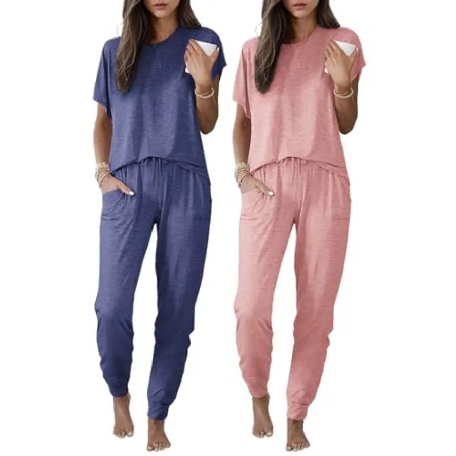 Ekouaer 2 pack Pajama Sets for Womens Jogger Pants Pjs Short Sleeves Lounge Set Soft Sleepwear with Pockets