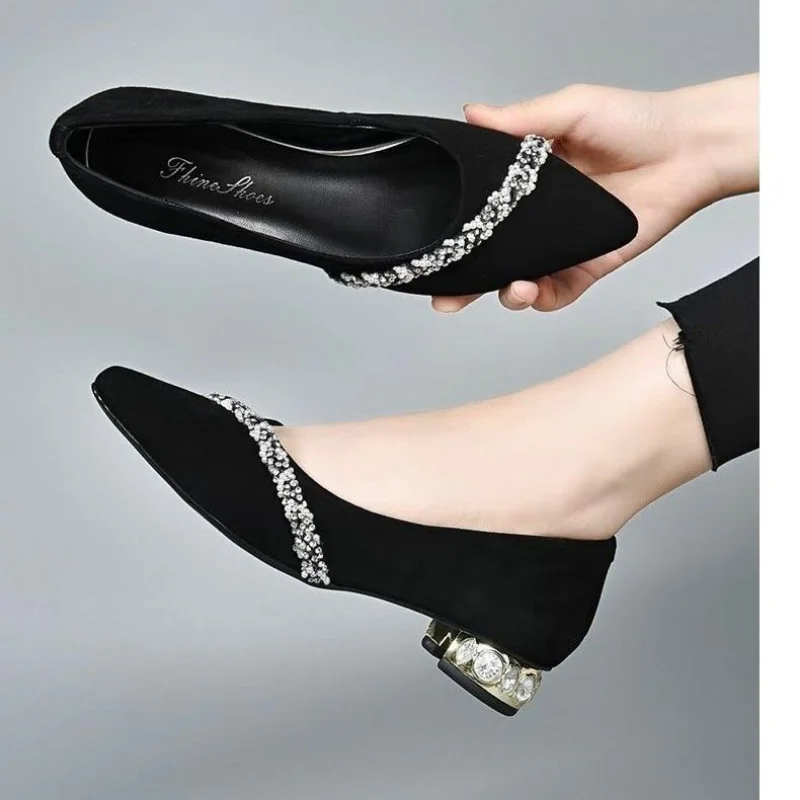 Women\'s Summer Footwear Diamond Shoes for Woman 2024 Rhinestone Office Low Heel Elegant with Crystals Black Stylish on Promotion