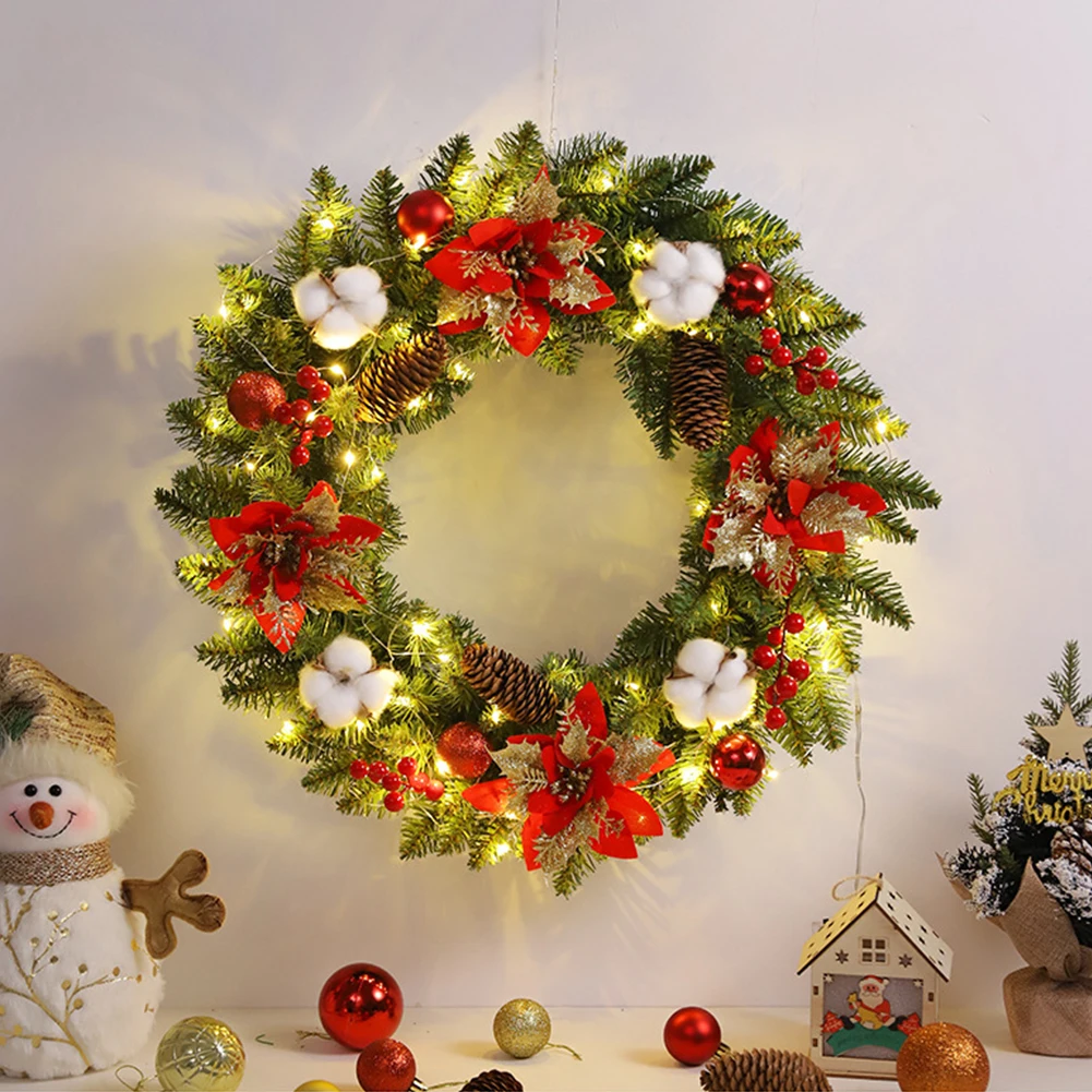 40CM Christmas Wreath Light Up Christmas Garland with Spruce Pine Cones Berry Ball Front Door Hanging Ornament Christmas Decor