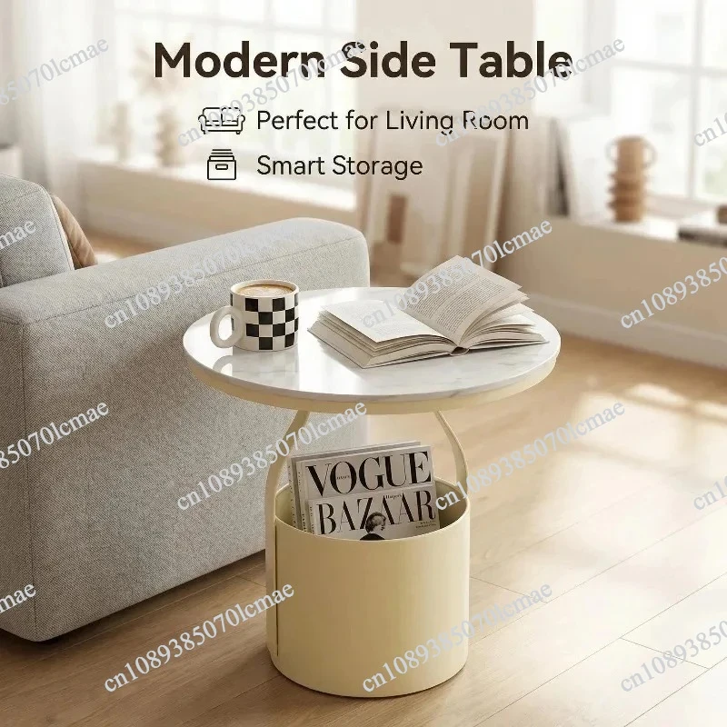 Mini Round Side Table – Rock Slab Top with Metal Storage, Light Luxury Corner Table for Bedroom & Living Room