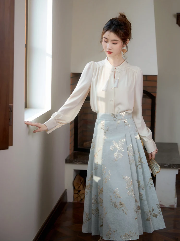 

Skirt Women's Plant Flower Embroidery Exquisite Retro Chinese Style High Waist a-Line Long Spring and Summer Versatile Fashion