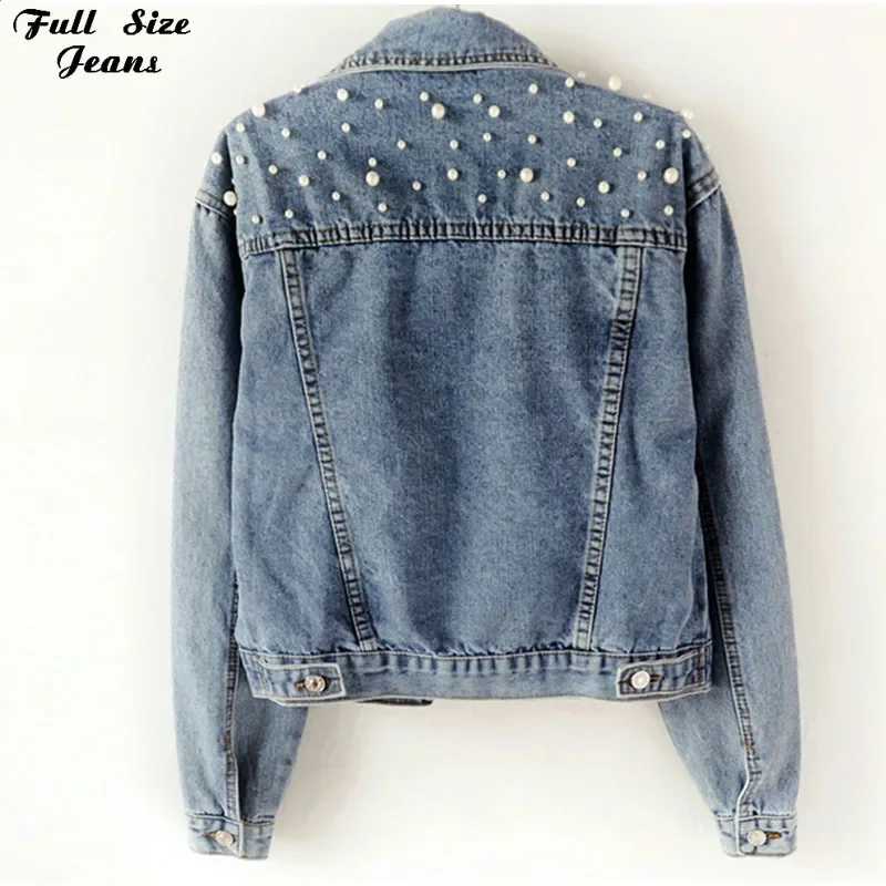 Designer Pearl Beading Black Short Jean Jackets Korean Chi Street Jeans Jacket Chi Cotton Collar Blue White Cropped Denim Coat