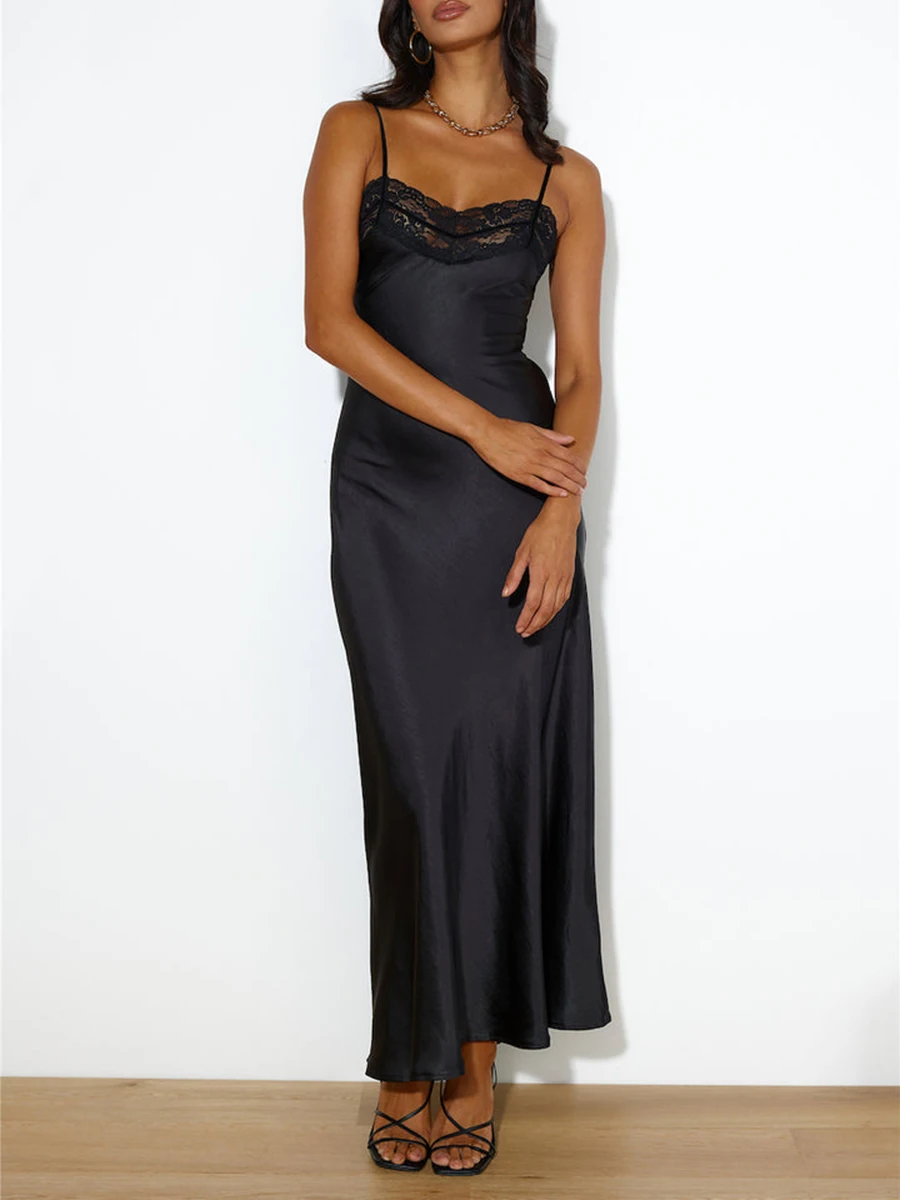 

Sexy Women Sling Dresses Fashion Spaghetti Straps Backless Lace Long Dress Patchwork Slip Sundress Summer Party Female Clothes