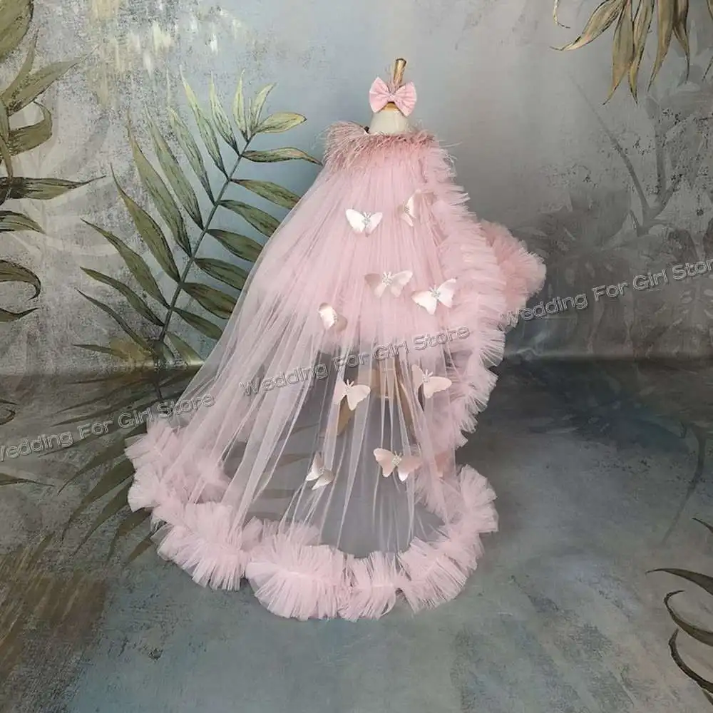 Vestido de flores hinchadas para niña, vestido con diamantes de imitación, mariposas, capa desmontable o tren, vestido de graduación para desfile