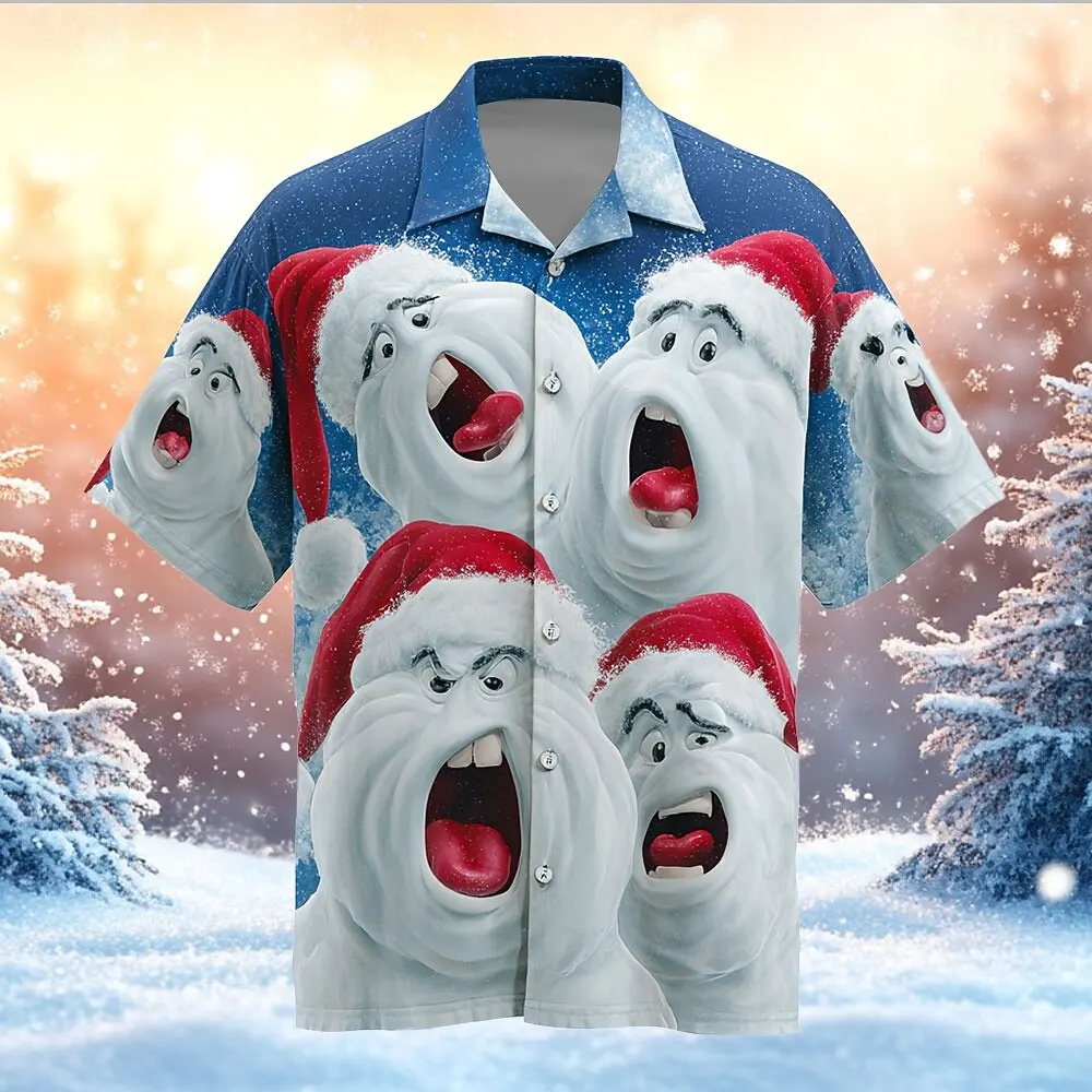 Men's Angry Snowman Graphic Short Sleeve Shirts Christmas Theme Casual Comfortable Button Lapel Shirt Loose Quick Drying Clothes