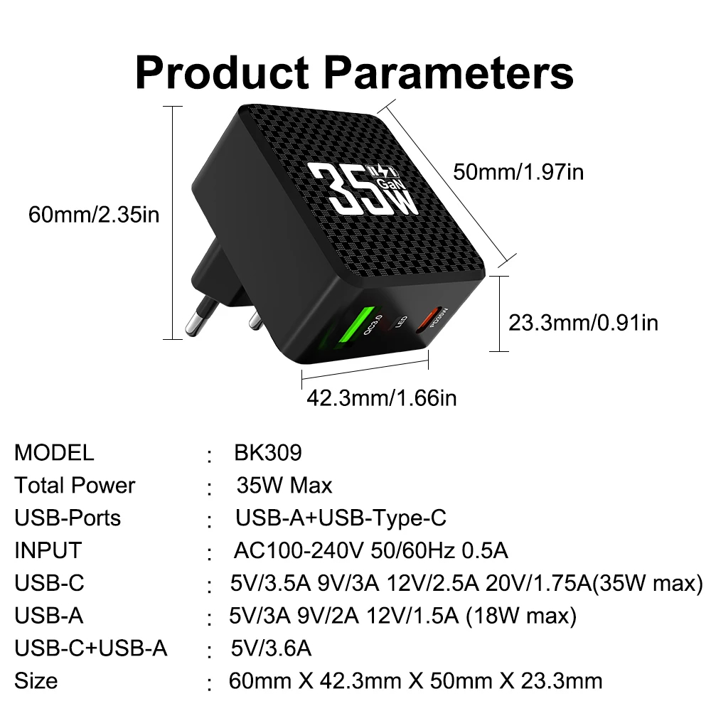 2 Ports Mini 35W GaN USB Type C Charger QC3.0 Portable Fast Charging For iPhone 14 Pro Xiaomi 13 Samsung KR/EU/US/UK Plug