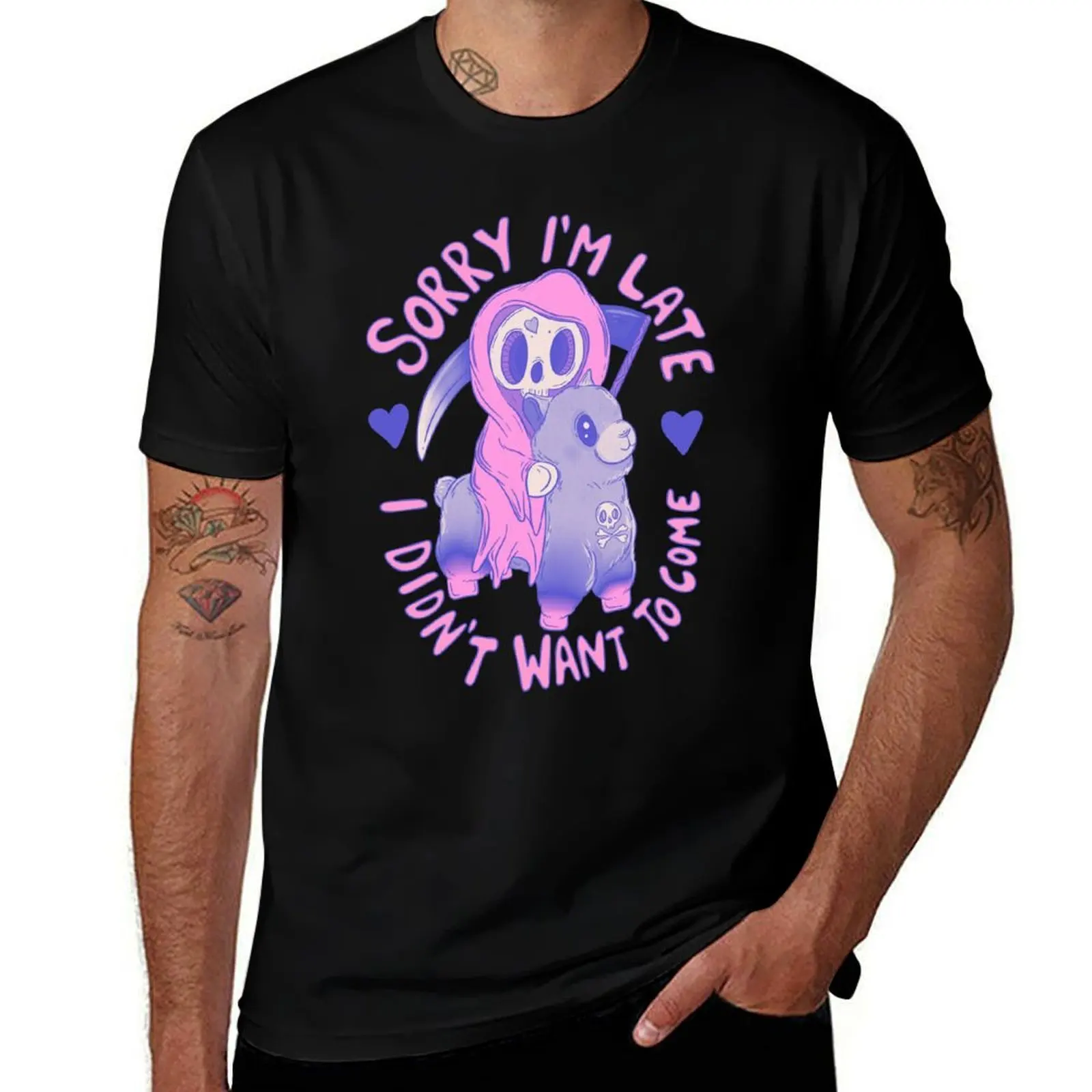 Cute Grim Reaper on Llama - Sorry I’m Late, I Didn’t Want to Come T-Shirt Work Outdoor for Men T-Shirt