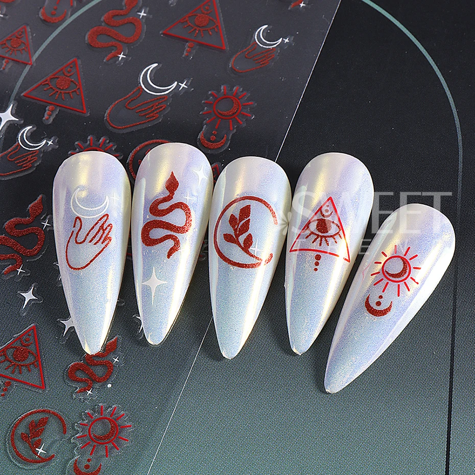 Autocollants 3D pour ongles, 2 pièces, feuilles de ligne dorée, Halloween, mauvais œil, serpent, soleil, étoile, ligne dorée, décalcomanies pour ongles, décorations de manucure à faire soi-même