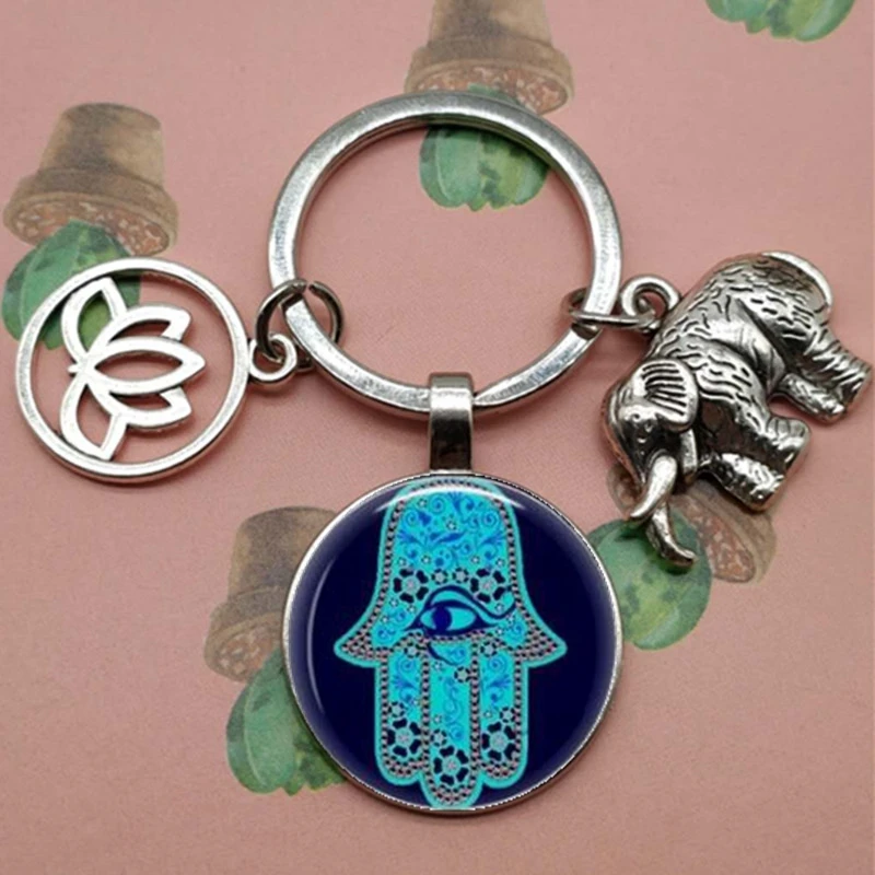 Charm fashion tribal ethnic keychain unique bohemian gift glass cabochon keychain lotus jewelry hand elephant car keychain gift