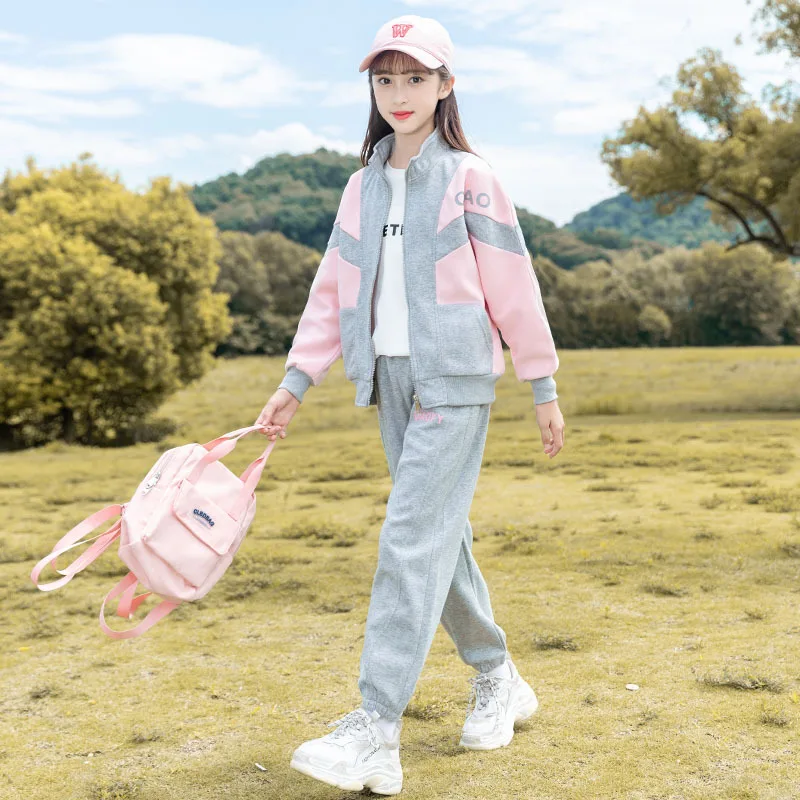 

Korean Autumn Children Girl 2pcs Sports Suit Junior Girl High Collar Contrast Coat+Sport Pants Child Jogger Outfit Set 4-14Yrs