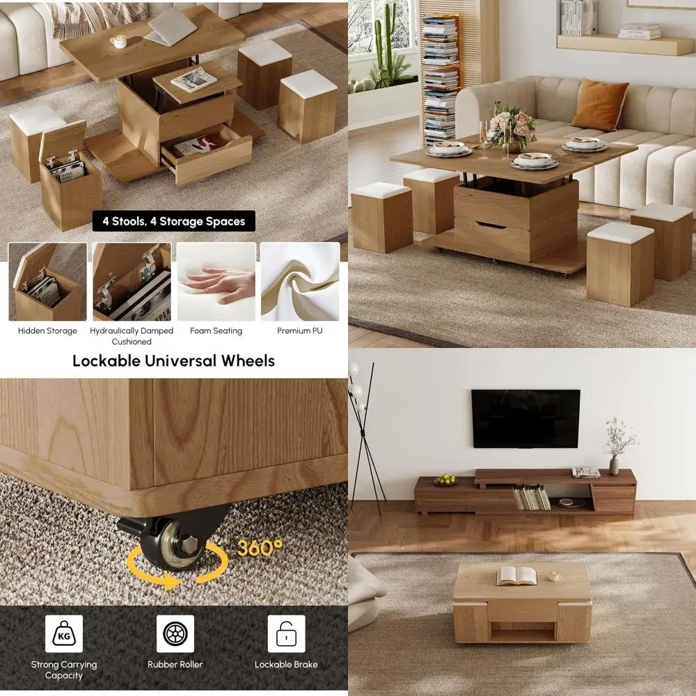 

Natural Wood Coffee Table with Hidden Storage, 3-in-1 Multifunctional Dining Center with 4 Chairs and Wheels