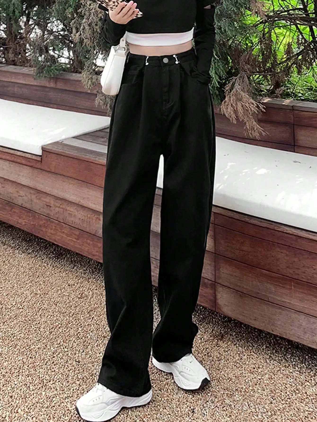 

Корейские шикарные широкие джинсы с двойной пуговицей для женщин, 2021, узкие брюки с высокой талией, прямые брюки длиной до пола, модные