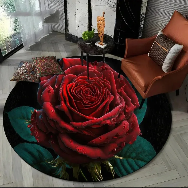 Lucky Red Rose Printed Round Carpet Anti Slip and Easy To Clean Ideal Carpet for Home or Vacation Homes Durable and Affordable
