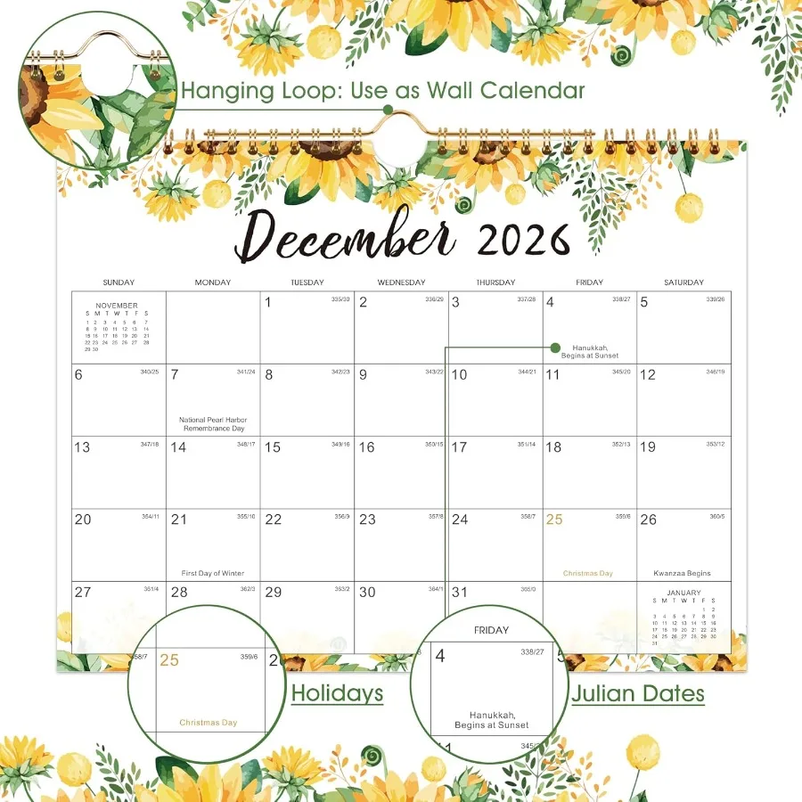 2026 التقويم يناير 2026 ديسمبر 2026 تقويم الحائط 2026 11 "x 8.5" 12 شهرا تقويم الحائط كتل الكتابة جوليان تواريخ دوامة ملزمة
