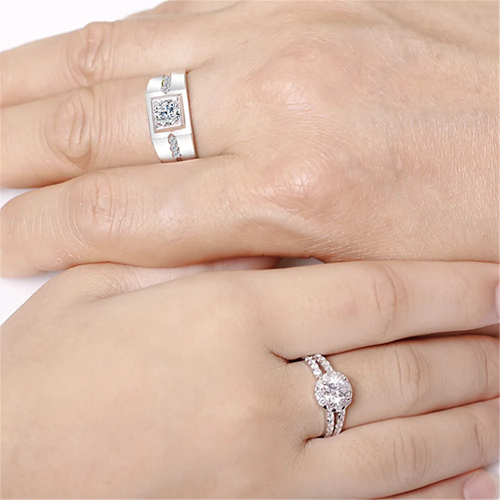 مجموعة خواتم الخطوبة والزفاف للزوجين من الفضة الإسترليني عيار 925 المتلألئة: خواتم ألماس مستديرة ومربعة للعشاق #6