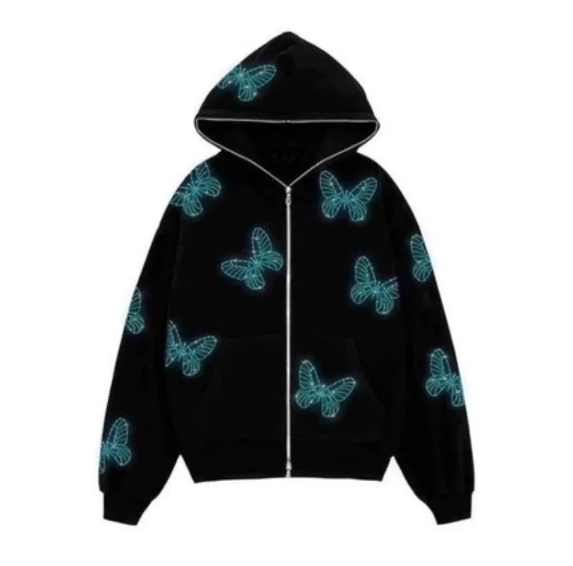 Butterfly Print Hip Hop Gothic Hoodie Sweatshirts Men Harajuku Y2k Black Zip Up Hoodie Long Harajuku Jacket Streetwear Women