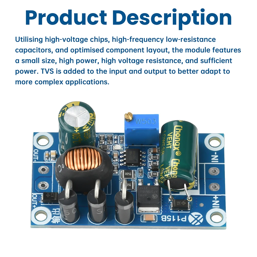 Moduł obniżający napięcie DC 10V-110V do DC 4.5-47V z zabezpieczeniem, niskim tętnieniem, wysoką precyzją i regulowanym napięciem wyjściowym.