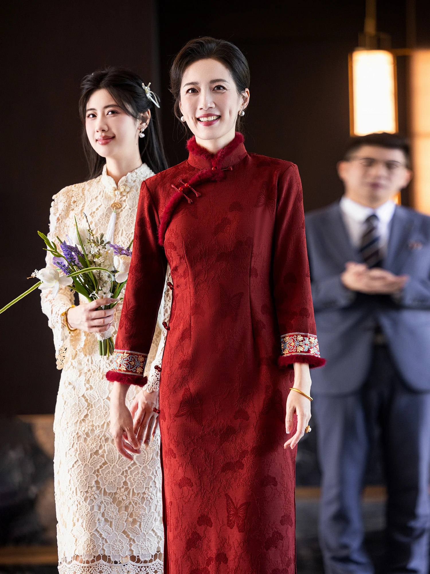 

Retro Red Flag Robe Wedding Dr Thiened Fce Design Warm Long Sve Evening Gown for Older Women