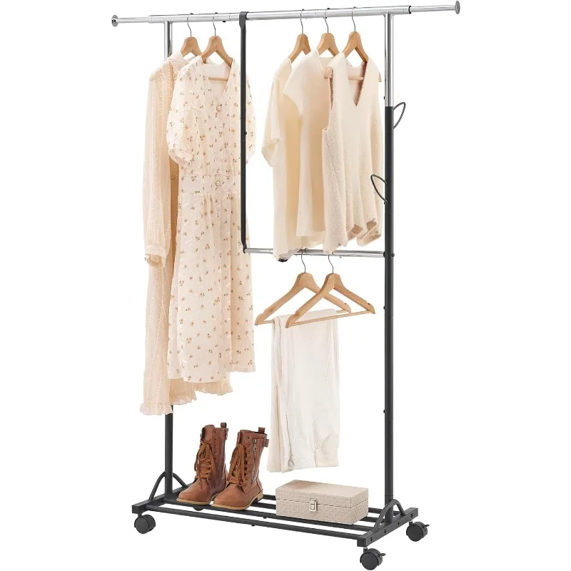 

Clothing rack adjustable for kids Heavy Duty Double Rod Design Garment Rack Rolling Clothes Organizer on Wheels Clothes Rack