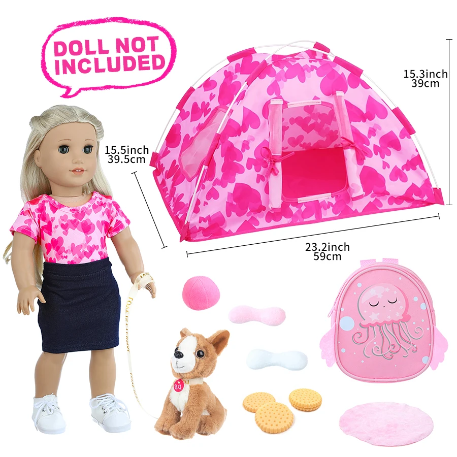 Vestido fofinho roupas tenda filhote de cachorro conjunto acessórios for18 Polegada boneca bebê nascido, boneca americana brinquedos da menina aniversário presente natal