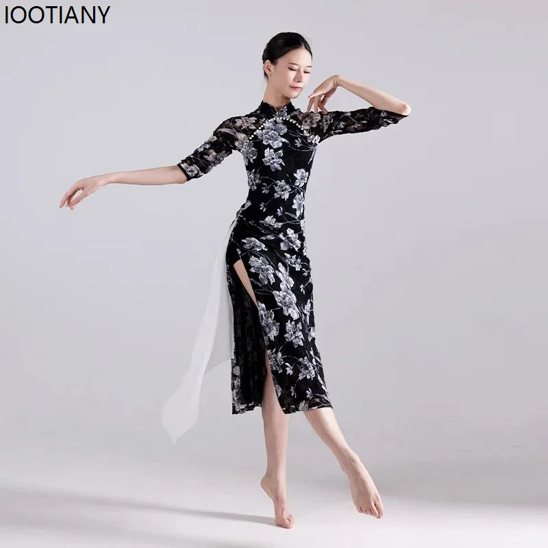 

Summer Women Sexy Lace Hand-beaded Modified Cheongsam Dance Costume Chinese High Slit Cheongsam Dress Classical Dance Showed Set