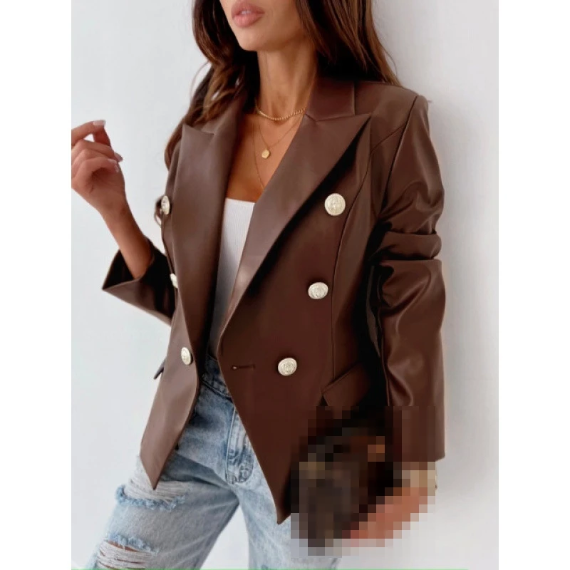 

Faionable Long Sve Double Breasted Suit Jaet Small Outerwear Autumn Winter New Sle Women's Busin Casual PU Leather