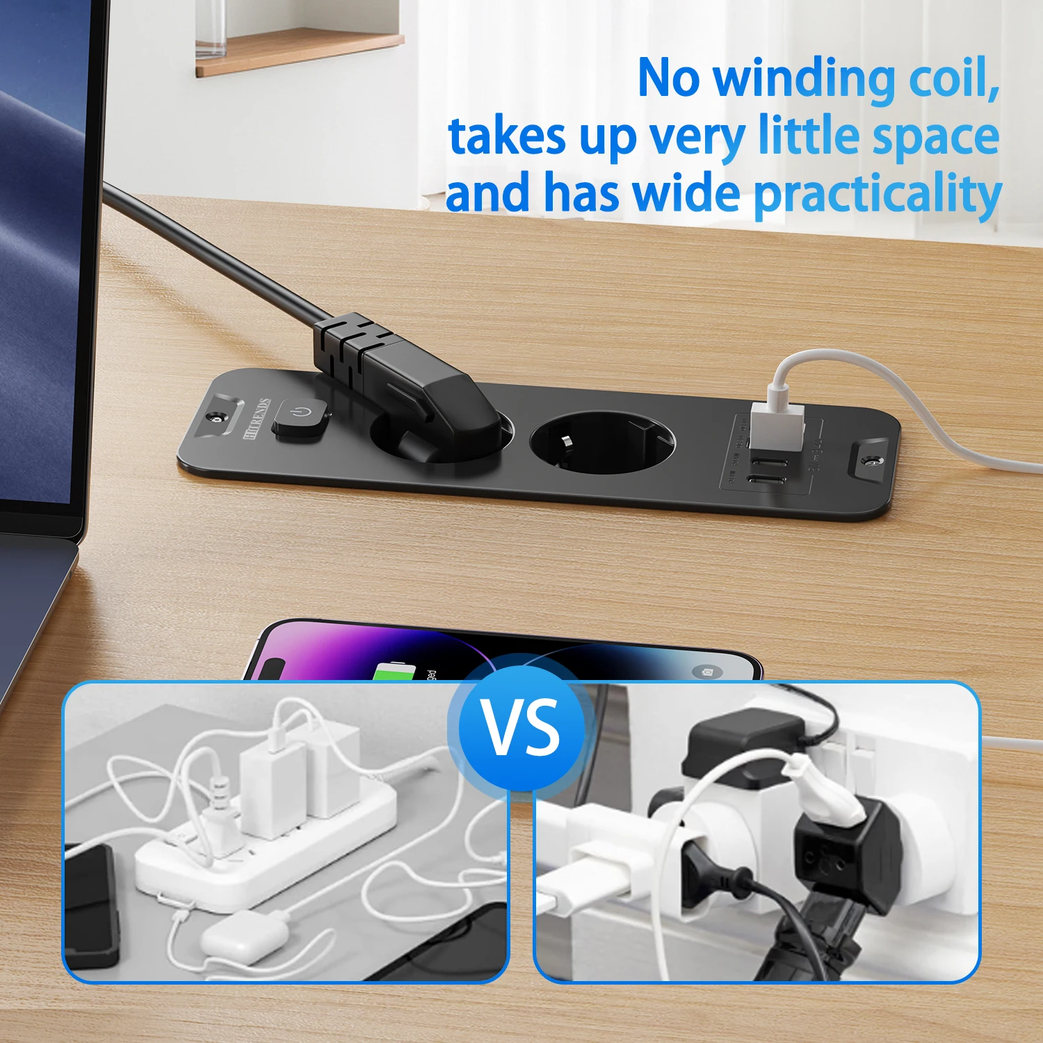 Desktop Built-in Socket with 2 USB A and 2 Type-C PD20W EU Double Plug Table Recessed Socket Power Strip 2M Extension Cord