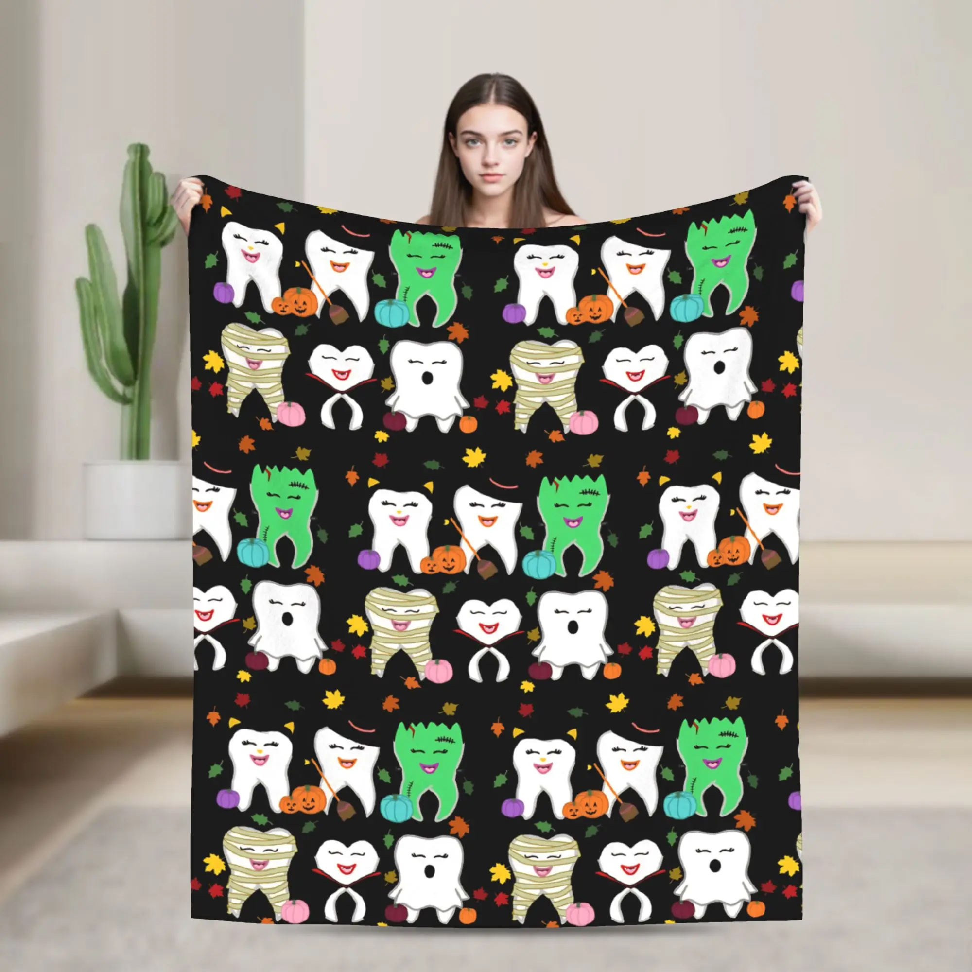 Teeth Crew  Blanket Cover Cartoon Teeth Helloween Fuzzy Throw Blanket Summer Air Conditioning Portable Lightweight Bedsprea,