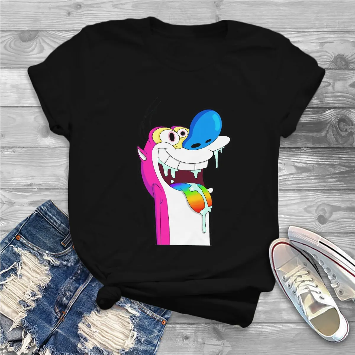 Spel Ren En Stimpy Roze T-Shirt Grafische Vrouwen Tops Vintage Mode Fibre Harajuku Polyester T-Shirt