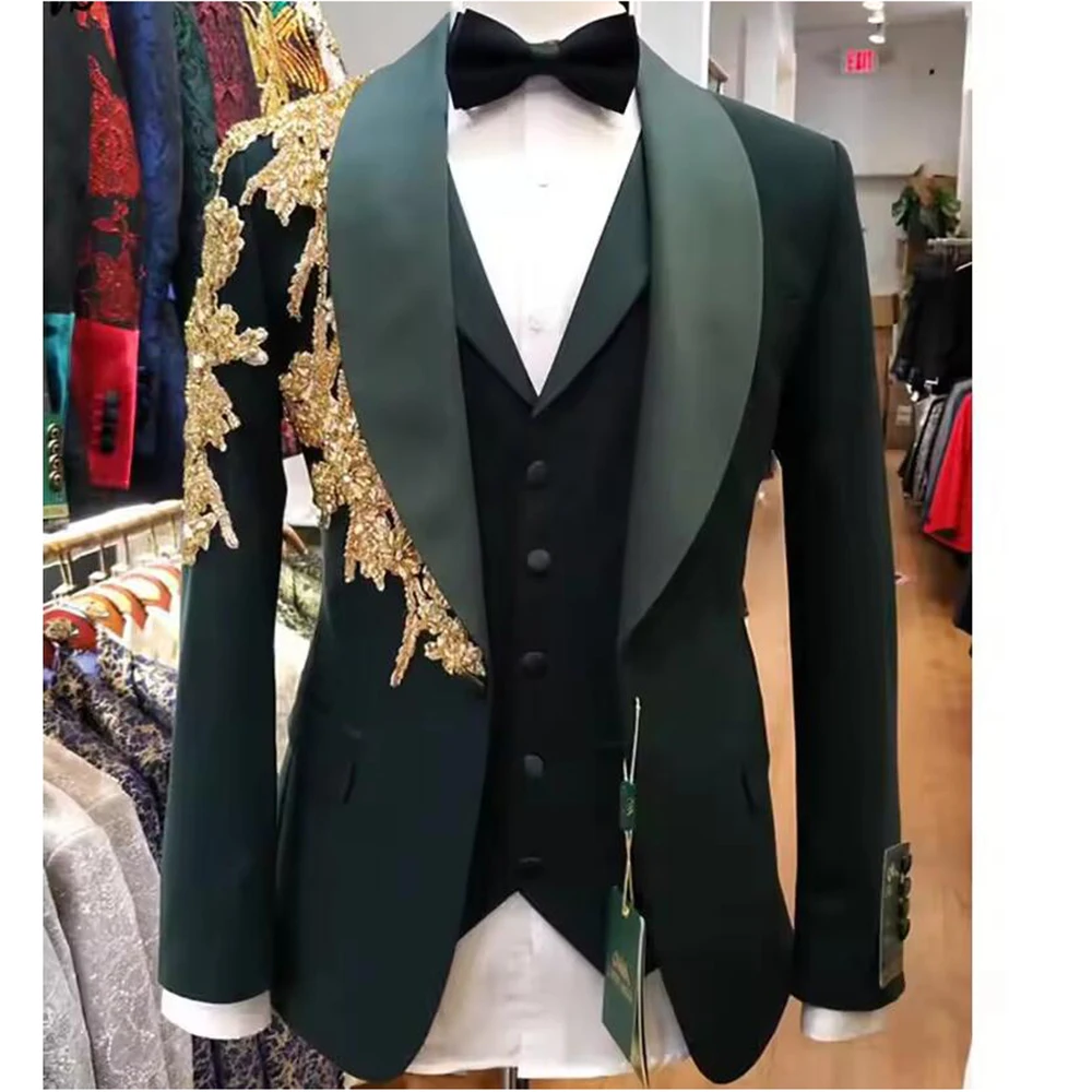 Male Chic Green Suit Set For Wedding Guest Sparkly Gold Beaded Appliques Prom Tuxedo Party Groom Trajes Elegantes De Hombre 2027