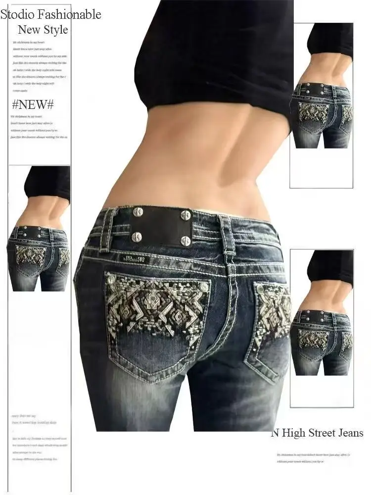 

Y2K Gothic Embroidery Diamonds Denim Pants Harajuku Retro Hip Hop Low Waist Jeans Women 2000s Fashion Hot Girl Straight Trousers