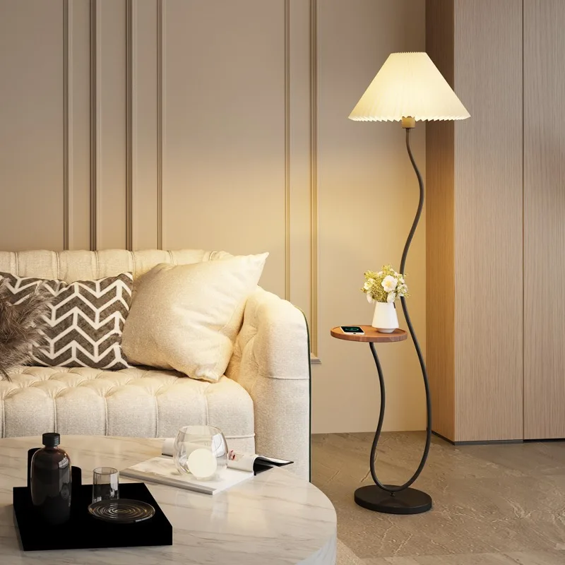 Nordic Floor Lamp with Pleated Shelf Wireless Charging Pad for Living Room Sofa Coffee Table Bedroom Ambient Lighting