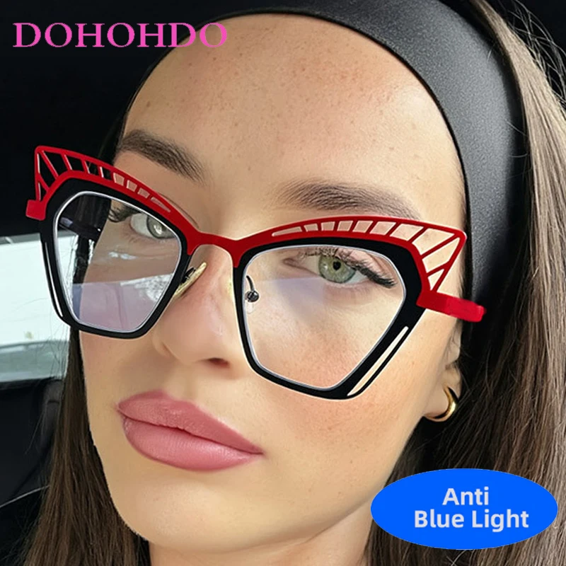 

Retro Luxury Designer Metal Cat Eye Hollow Out Glasses Women Men Computer Play Games Optical Anti-Blue Light Eyeglasses Female