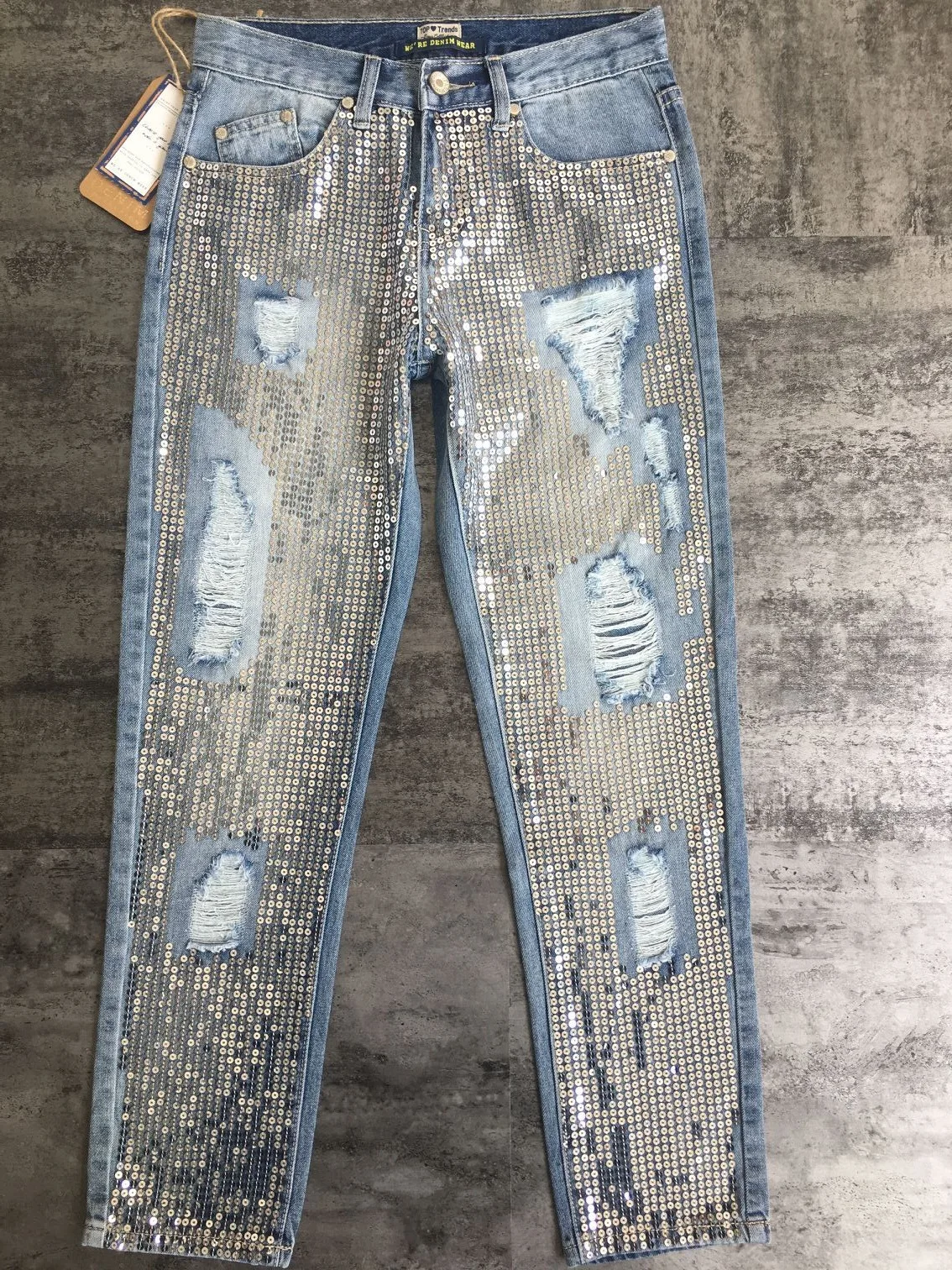 Street Loose Straight-Leg Denim Cropped Pants 2024 Spring Summer Sequins Embedded Make Old Blue Ripped Jeans for Women