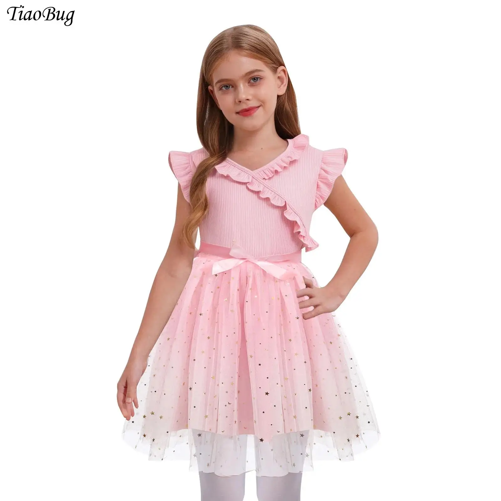 키즈 소녀 공주 드레스 플러터 슬리브 프릴 트림 반짝 이는 스팽글 Tulle 투투 드레스 결혼식 생일 파티 댄스웨어