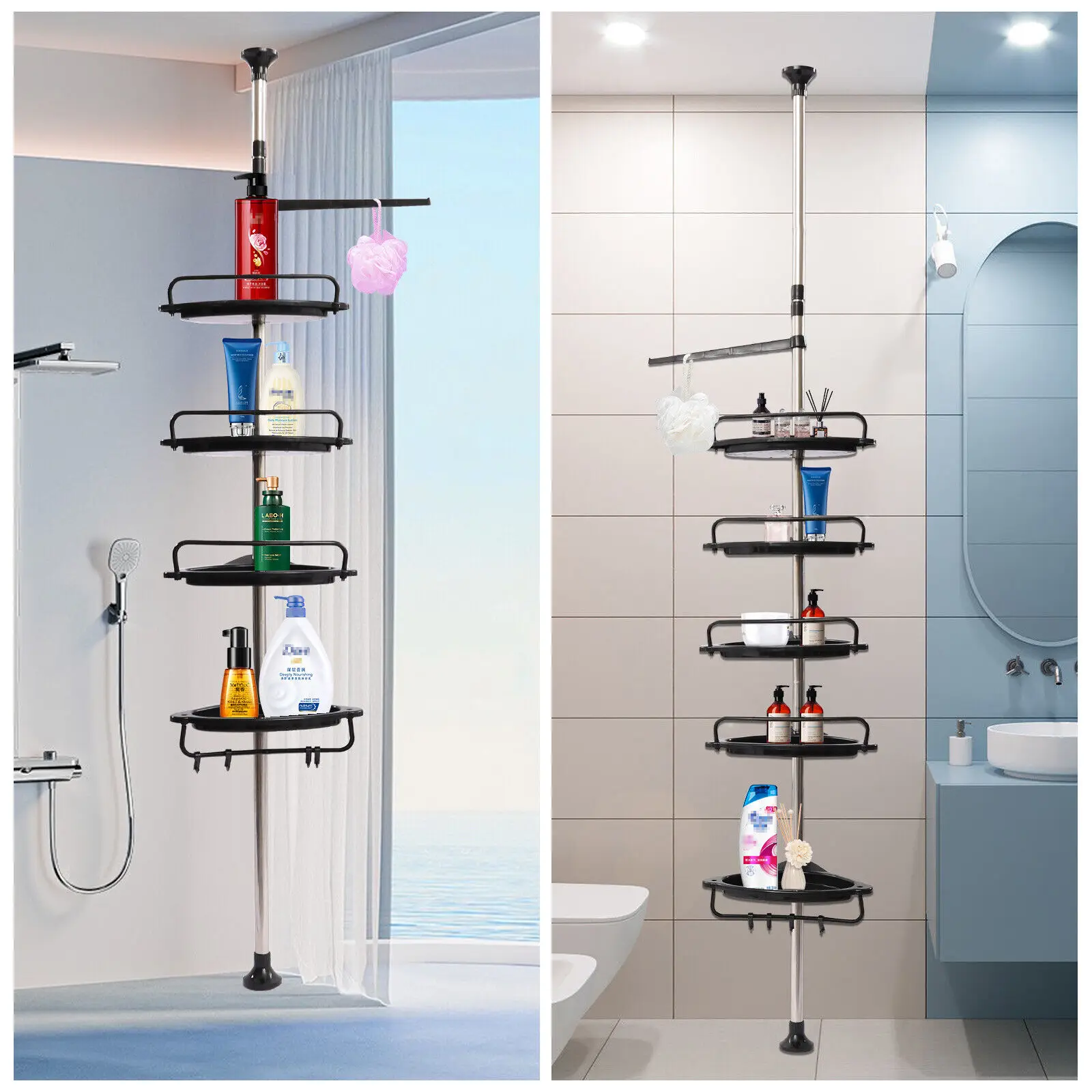 

Rustproof Shower Corner Pole Caddy Shelf Telescopic Bathroom Wall Storage Rack 4/5 Layers