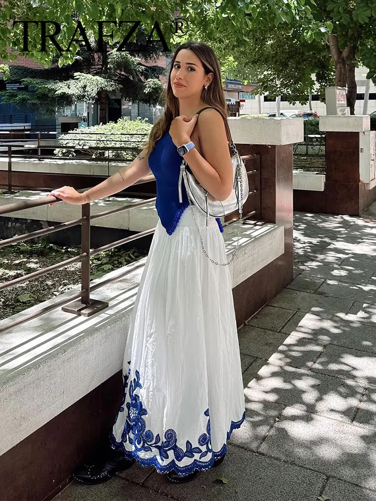 

TRAFZA 2024 Women Chic Blue Embroidery Folds Decorate High Waist Midi Skirt Woman Casual Slim Elastic Waist Long Skirts TRAF