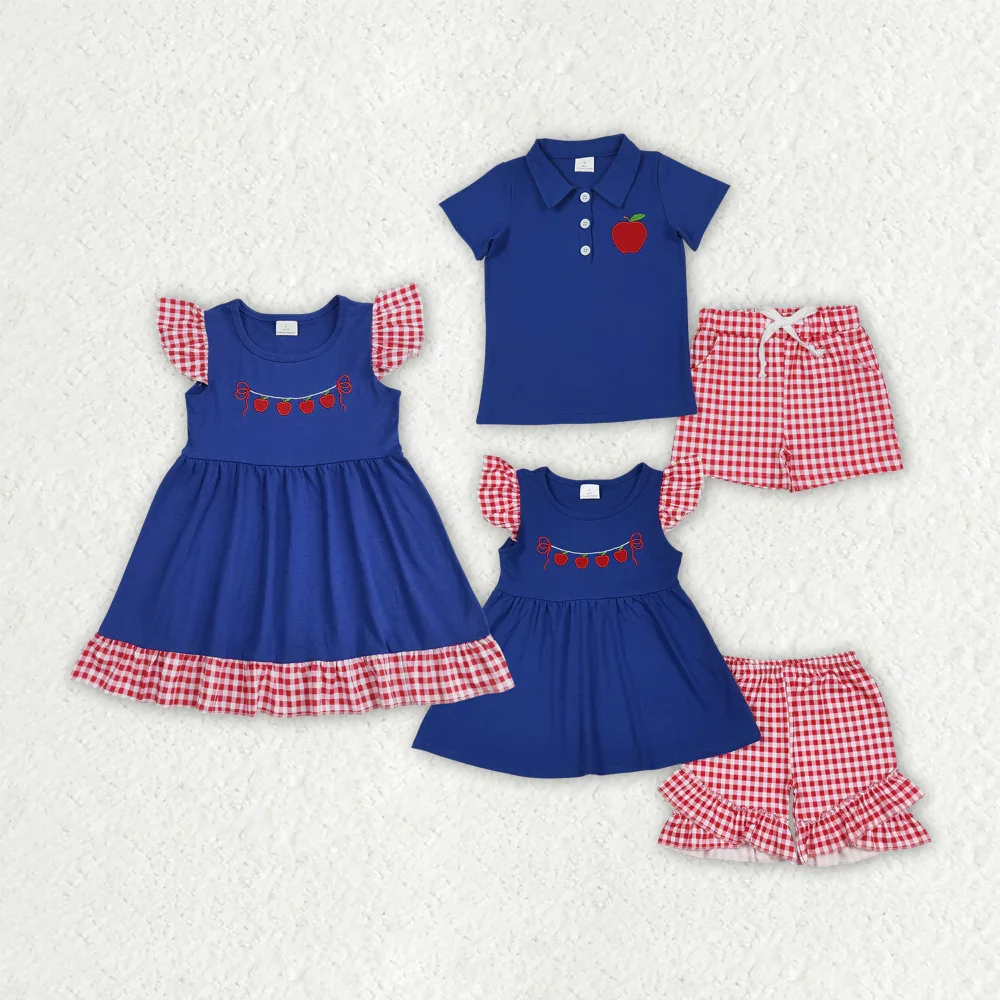 

BSSO1397 Wholesale baby boy clothes Embroidered Apple Blue Short Sleeve Shorts Sets Summer Boutique kids clothes boys sets