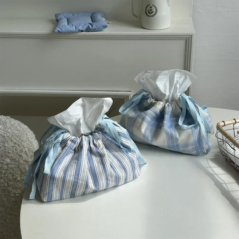 Ins Grid Stripe Paper Organizer Wet Wipes Case Portable Tissue Box Draw Rope Tissue Storage Bag Car Pouch Outdoor Useful Korean