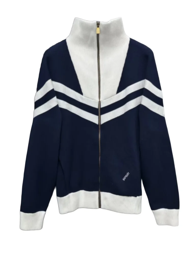 Knitted Zipper Jaet 2025 Autumn Winter New Faion Color Blo Striped College Sle Long Sve ex Couple's Coat