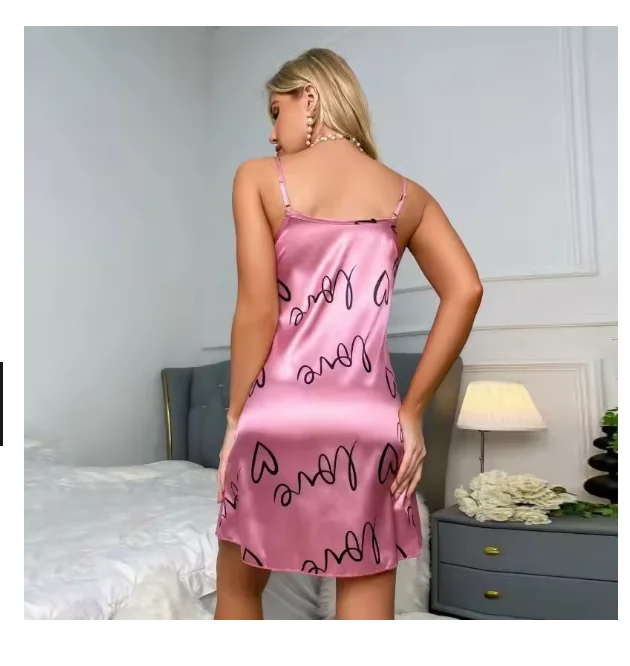 Sleepwear Women\'s Sexy Lingerie Heart Print Nightdress Scoop Neck Criss Cross Back Sleepdress Nightgowns Pajamas Nighties