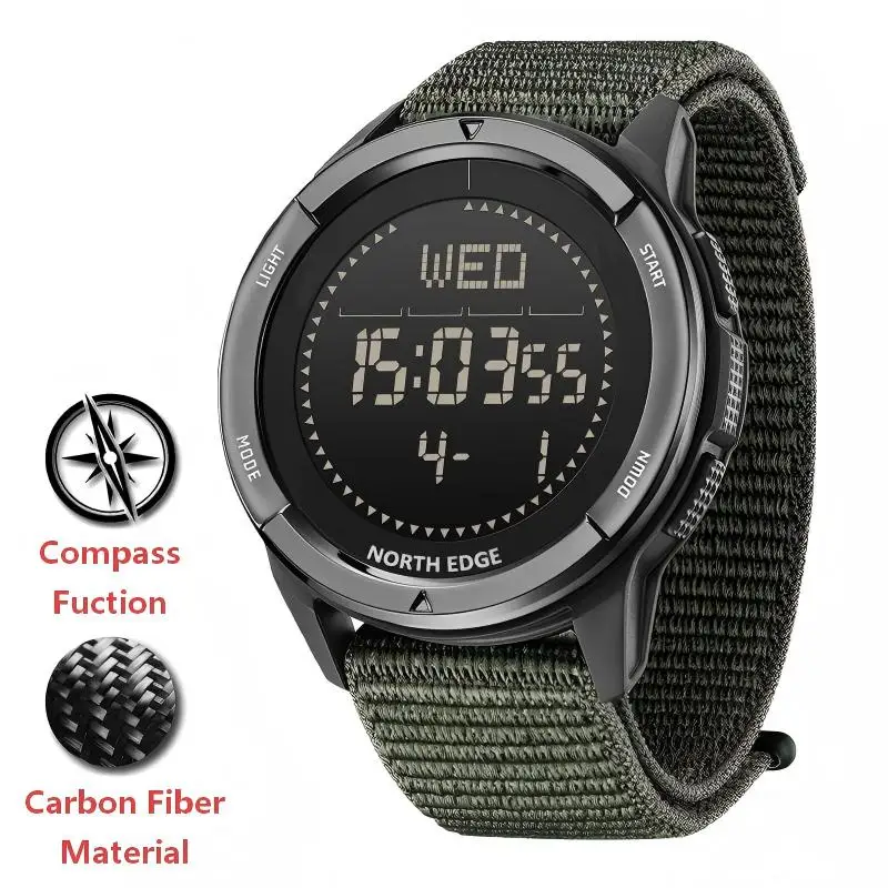 50m Waterproof Outdoor Digital Watch Nylon Strap 1.4-inch FSTN Display Compass, EL Backlight Pedometer Stopwatch Countdown Timer