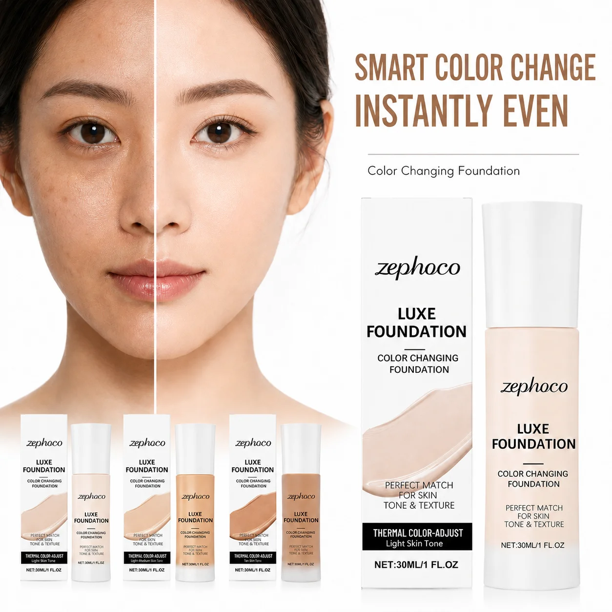 Color Changing Liquid Foundation 24H Long Lasting Waterproof Full Coverage CC Cream Makeup Base - All Skin Tones