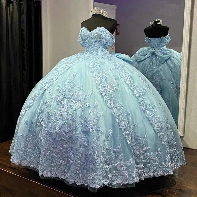 

Sky Blue Ball Gown Quinceanera Dresses Off The Shoulder Appliques Lace Flowers Tull Sweet 16 Princess Lace Up Vestido De 15 Anos