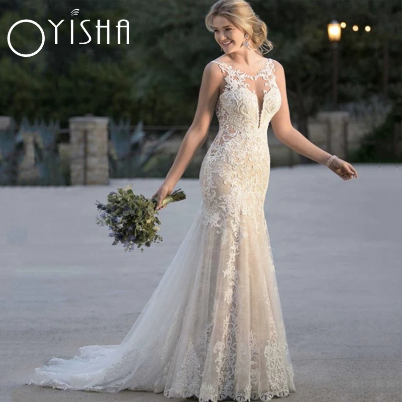 

OYISHA Sexy Lace Appliques Wedding Dress Mermaid Bridal Gowns Sweep Train Bride Party Straps Vestido Customize Robe de mariée