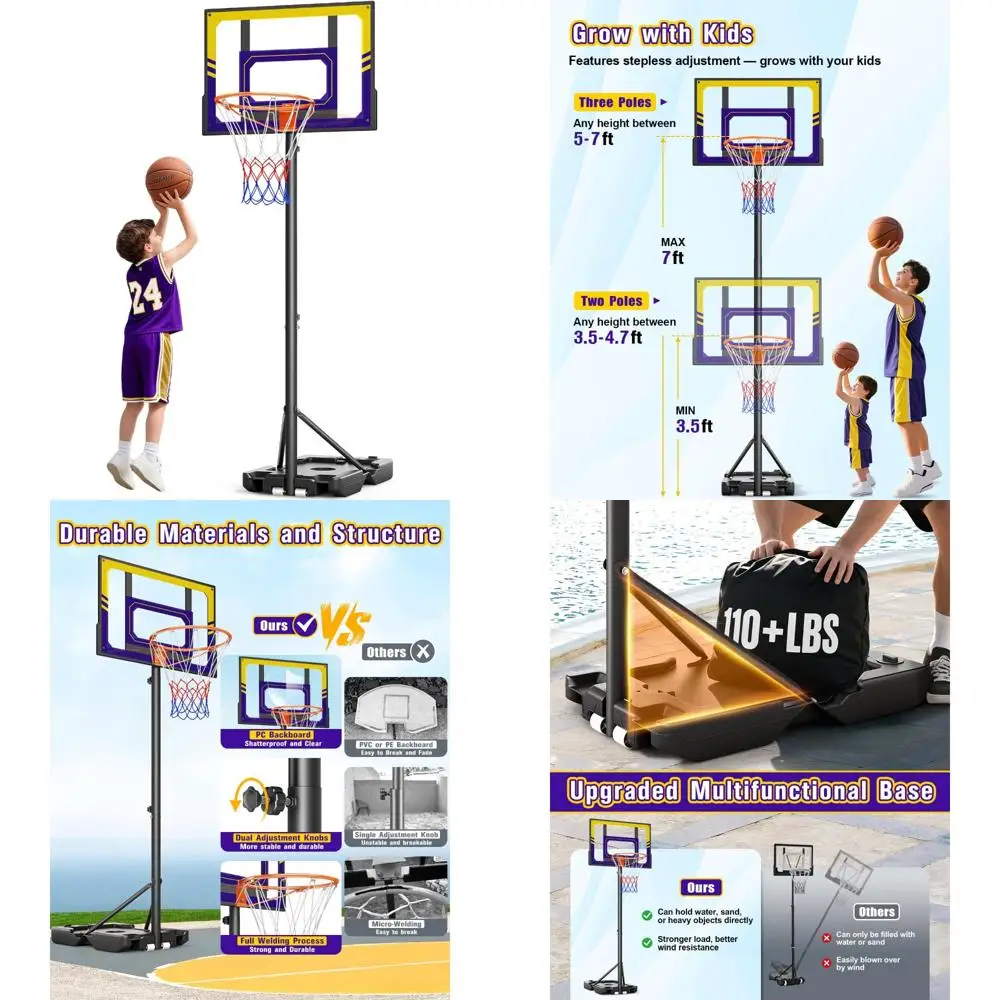 Canestro da basket portatile ad altezza regolabile per bambini, 3,5-7 piedi, adatto per giochi in cortile e vialetto